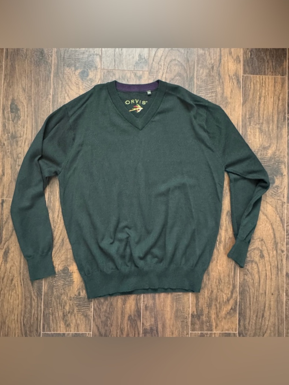Orvis Large Green Merino Wool V Neck Sweater